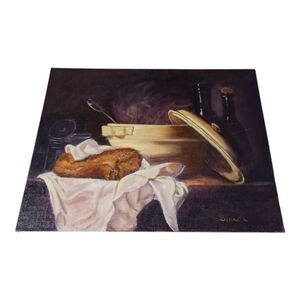 Vtg Moody Still Life Painting On Canvas Board Signed Repro "White Tureen" 14x11"